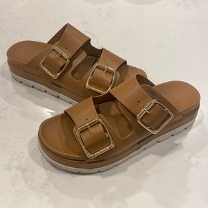 J Slides Camel Faux Leather Slides with Oversized Gold Buckles